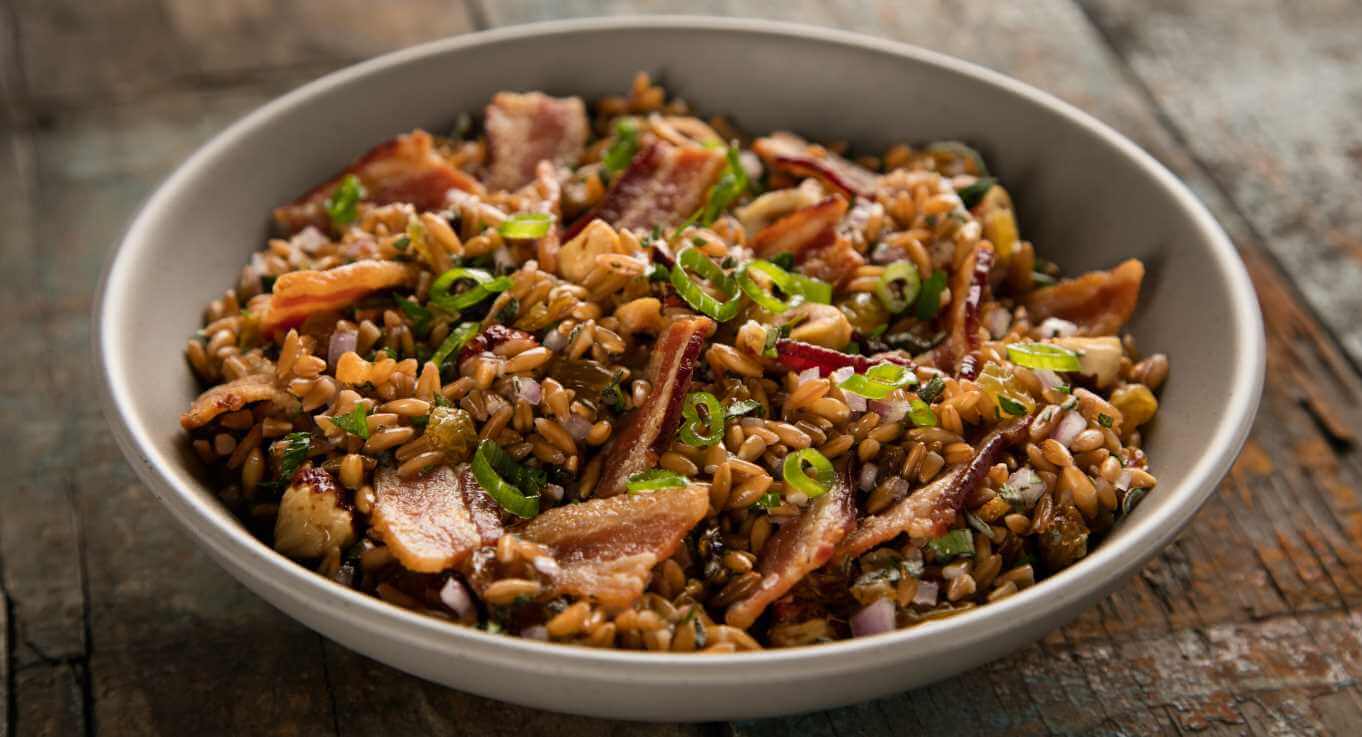 Bacon Hazelnut Farro Salad with Bourbon-Bacon Vinaigrette